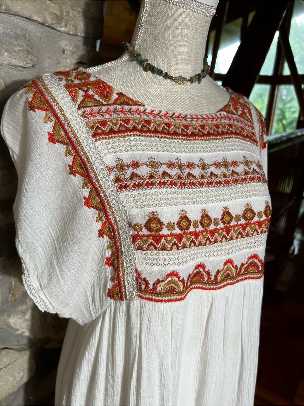Free People Cream Midi Dress with Red and Gold Embroidery